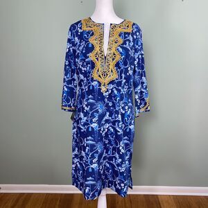 NicoBlu Boho Tunic Dress Embroidered Monkey Print Womens Medium Blue India